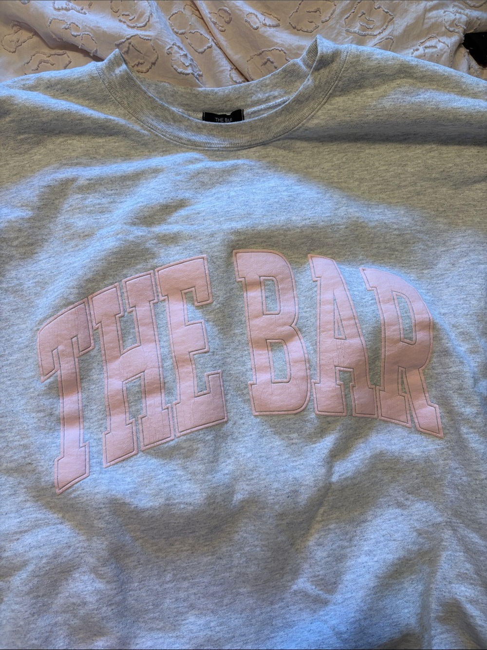 The Bar Light Gray Sweatshirt with Pink Lettering